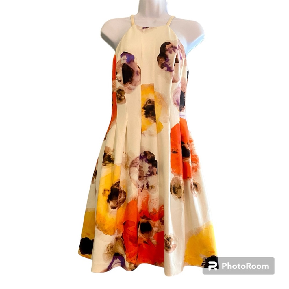 Vince Camuto Halter Scuba Fit & Flare Floral Cream Orange Dress w/ Pockets Size…